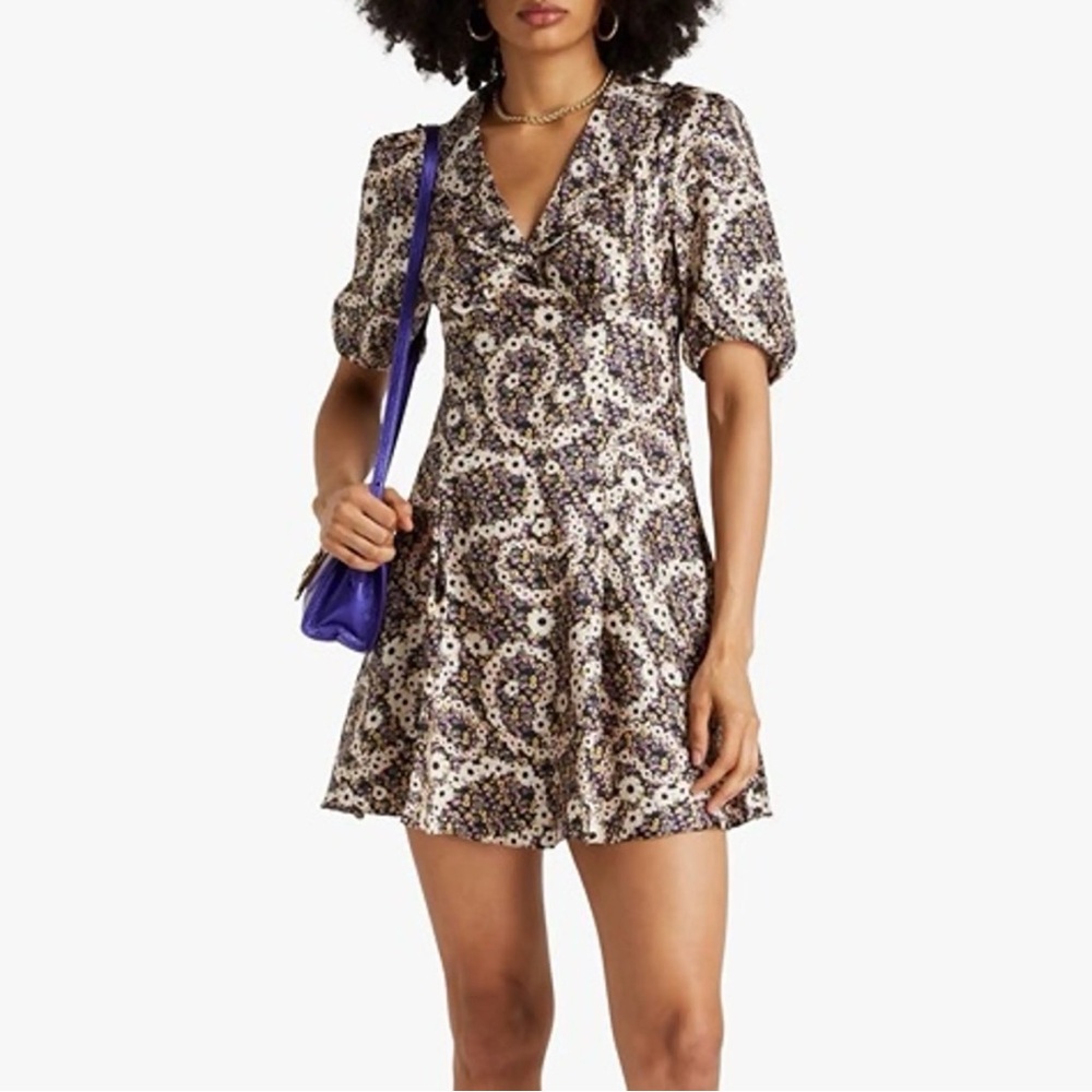 Sandro Brown and Cream Floral Puff-Sleeve Mini Dress